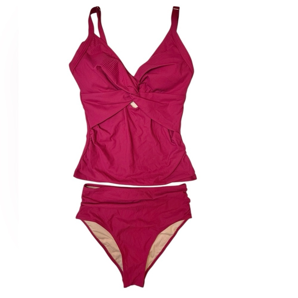 Cupshe Maroon Burgundy Keyhole Two Piece Twist Top High Cut Bottoms Tankini SM - Picture 3 of 8